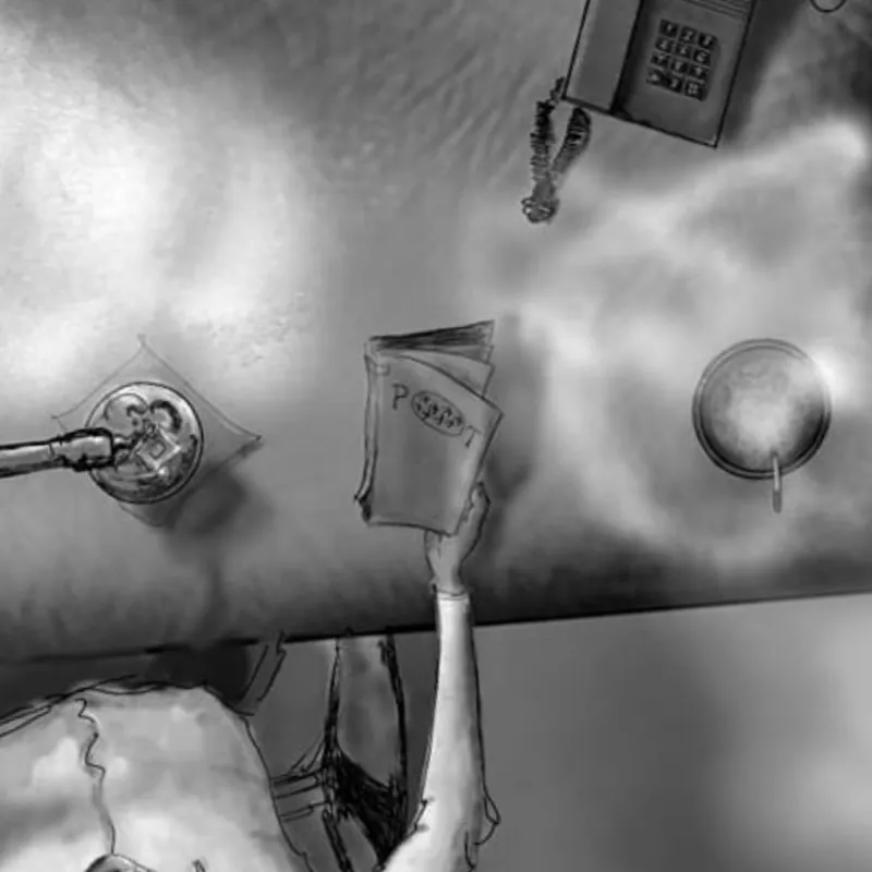 La mano de Costa sostiene el libro junto al teléfono (ilustración de la novela «Costa»)